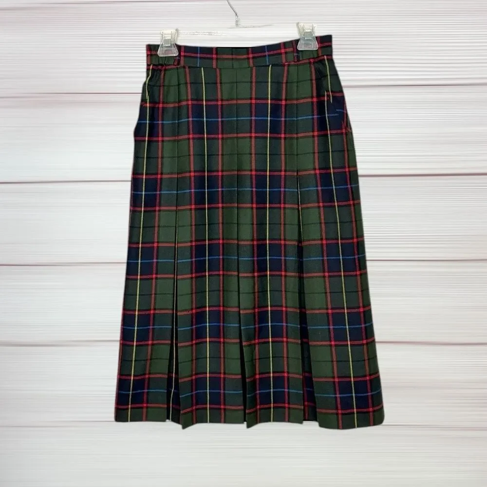 Vintage Midi Tartan Pleated Skirt Green Wool Pockets BIANCA Germany 36 US 6